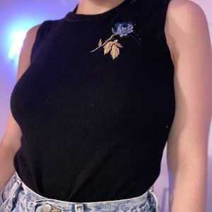 VINTAGE LIZ CLAIBORNE BLACK SWEATER VEST WITH BLUE EMBROIDERED FLORAL PATCH